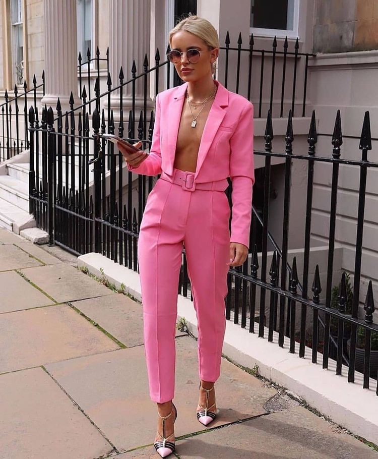 conjunto rosa pantalon saco blazer chaqueta mujer