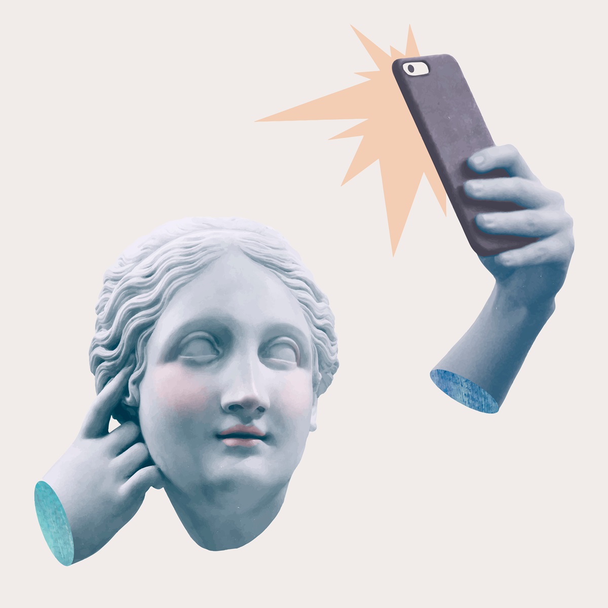 figura escultura girega tomandose una foto selfie
