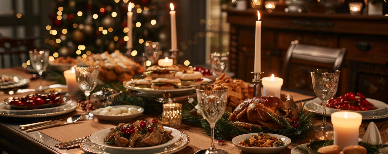 A beautifully set dining table with Christmas decorations, candles, and a holiday feast.
