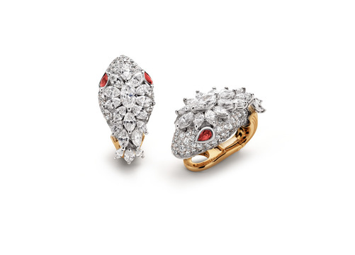 BVLGARI Aretes Serpenti de Alta Joyería en oro amarillo y blanco de 18 quilates con 4 rubíes en forma de pera y diamantes pavé