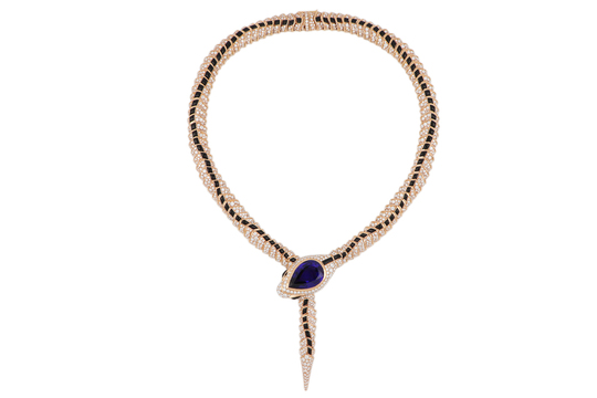 BVLGARI Collar Serpenti de Alta Joyería en oro rosa de 18 quilates con elementos de ónix y tanzanita en forma de pera y diamantes pavé